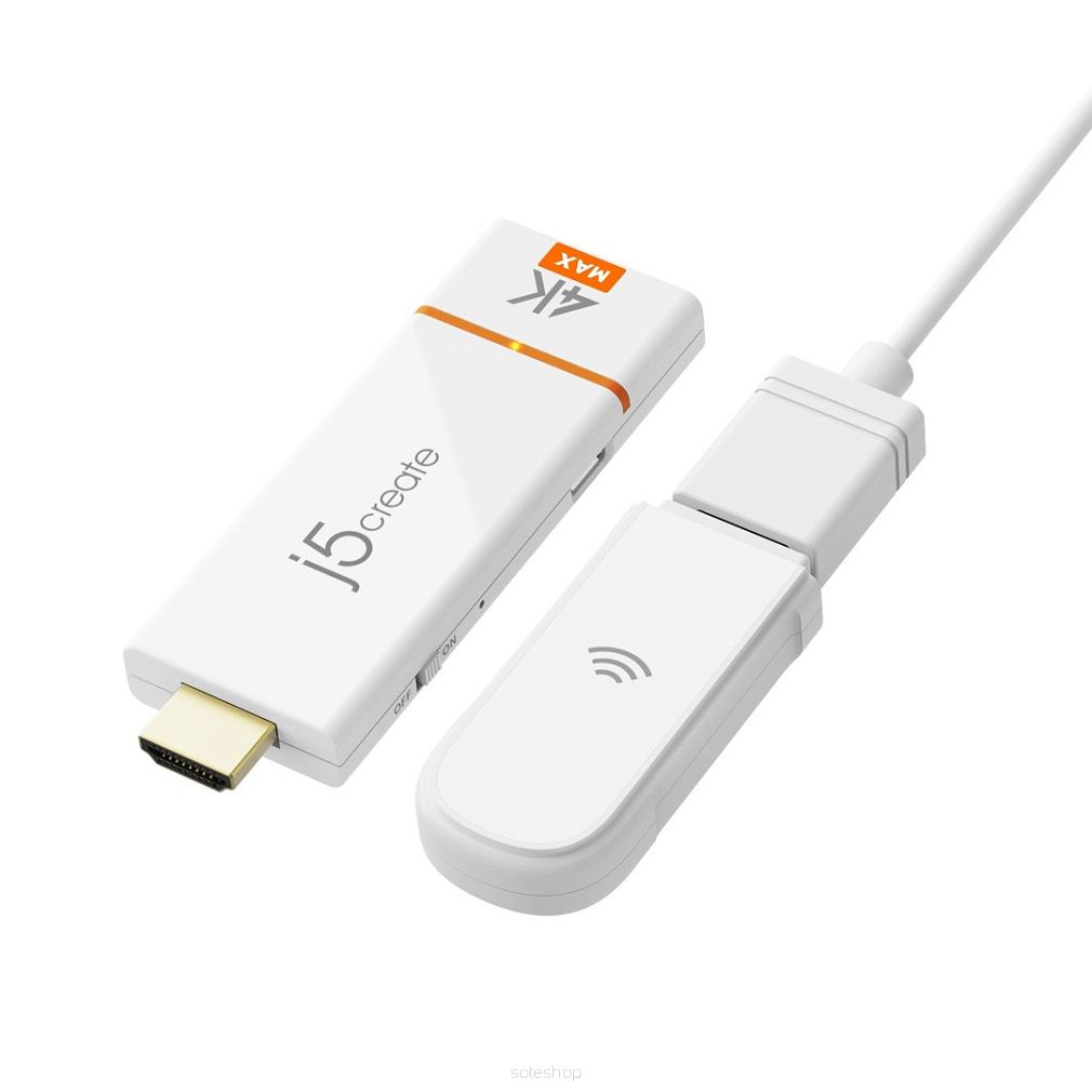 Adapter do bezprzewodowego przesyłania obrazu i dźwięku j5create Screencast 4K HDMI Wireless Display Adapter, Miracast/AirPlay/Chromecast, Admin Gateway Password, Double Antennas, kolor biały JVAW76MAX-N