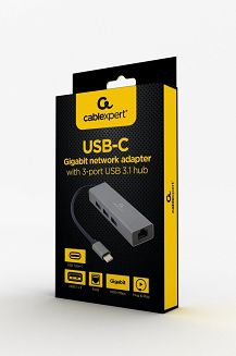 GEMBIRD ADAPTER USB-C -> LAN RJ-45 1GB NA KABLU HUB 3X USB 3.1 - 3