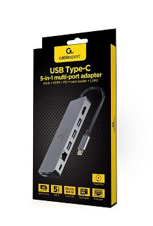 GEMBIRD MULTI ADAPTER USB TYP-C 5W1 HUB, HDMI, CZYTNIK KART, LAN, PD - 100W) - 6