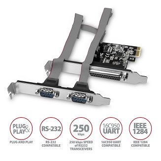 Axagon PCEA-PSN PCIe- mit 1x Parallel-+ 2x Seriell-Ports - ASIX AX99100 adapter Wewnętrzny Równoległy, RS-232 - 3