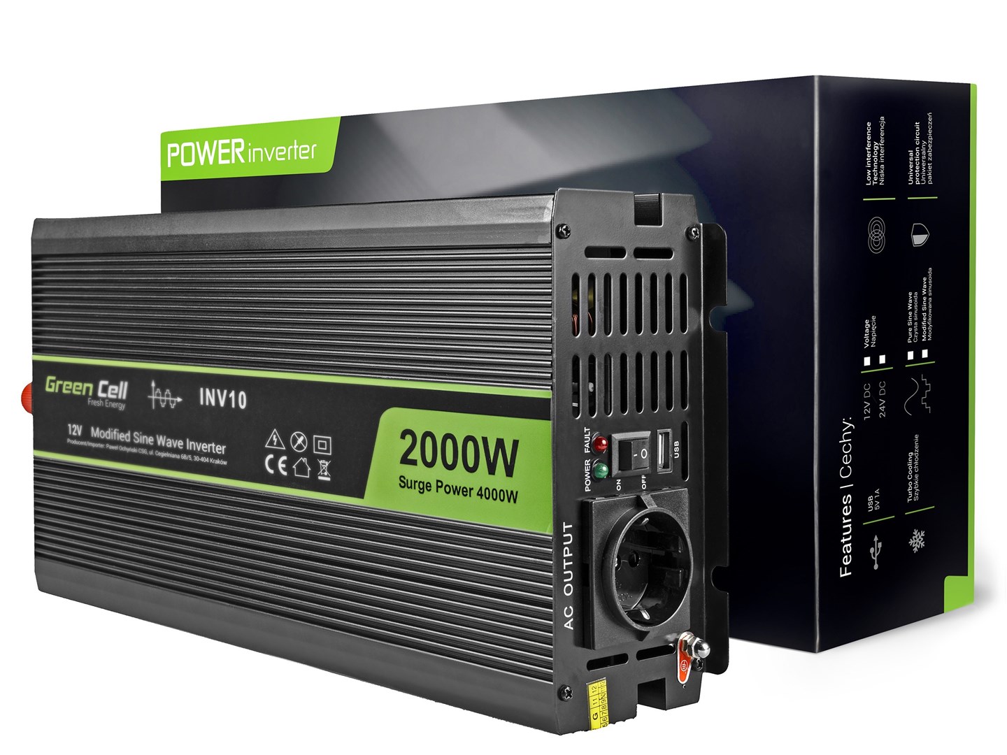 Green Cell przetwornica INV10 12V-230V 2000 W/4000 W modyfikowana Sinusoida